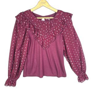 LOFT Blouse Burgundy Metallic Thread M Sheer Sleeve Ruffle Romantic